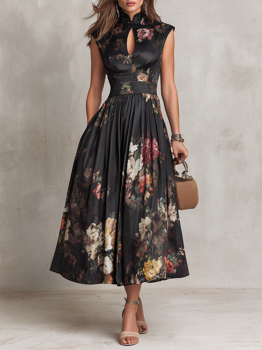 Robe Midi en Satin Noir à Col Trou de Serrure, Jupe Plissée et Imprimé Floral
