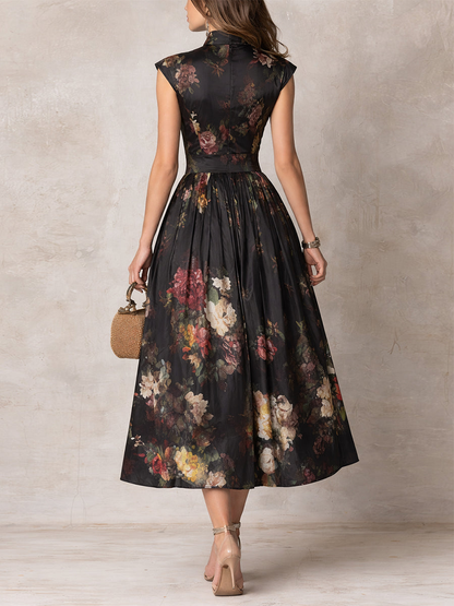 Robe Midi en Satin Noir à Col Trou de Serrure, Jupe Plissée et Imprimé Floral