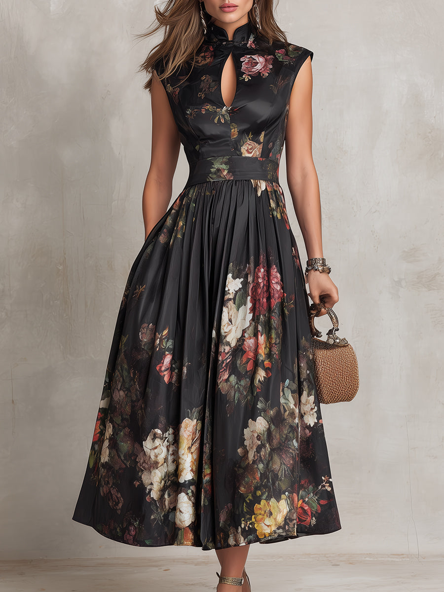 Robe Midi en Satin Noir à Col Trou de Serrure, Jupe Plissée et Imprimé Floral