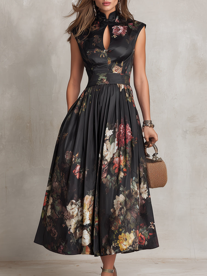 Robe Midi en Satin Noir à Col Trou de Serrure, Jupe Plissée et Imprimé Floral