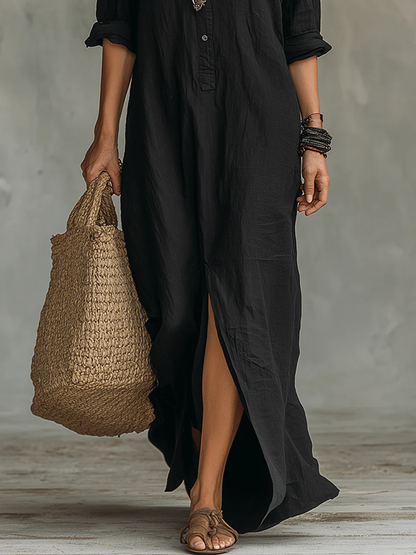 Soline™ | Robe Longue Noire Ample Boutonnée