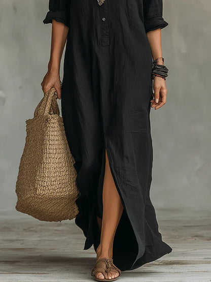 Céline™ | Robe Maxi Noire Ample Boutonnée