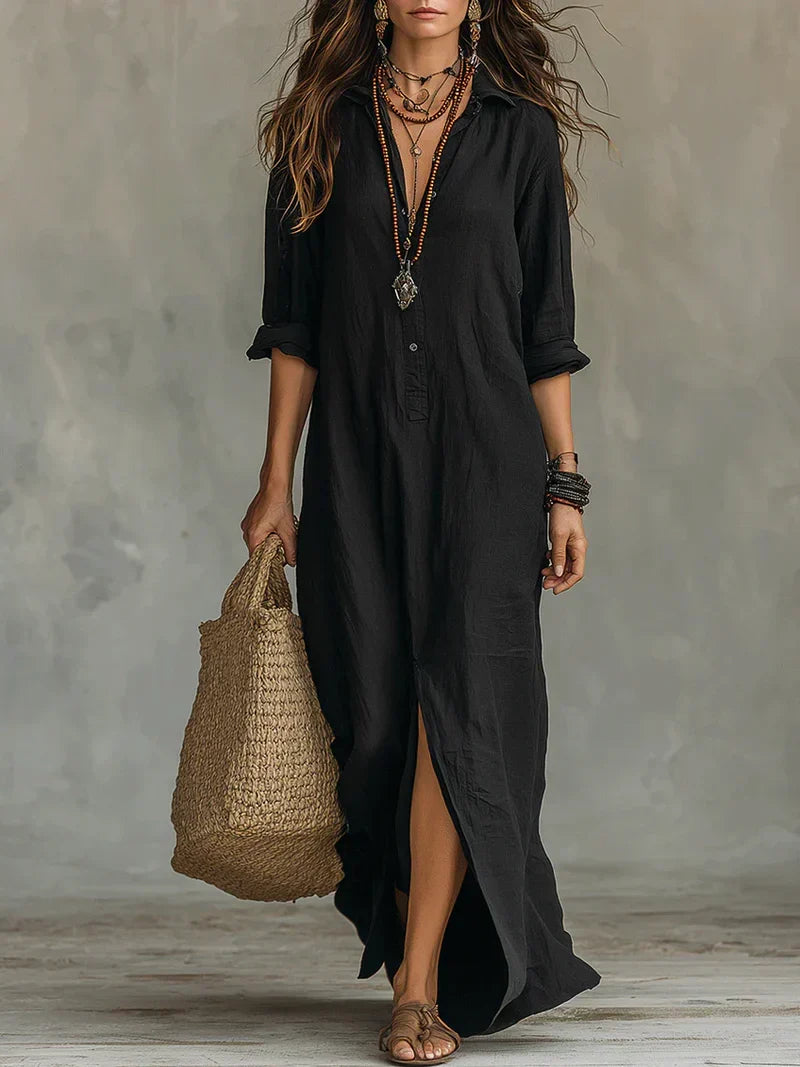Céline™ | Robe Maxi Noire Ample Boutonnée