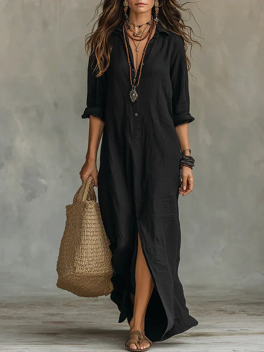 Céline™ | Robe Maxi Noire Ample Boutonnée