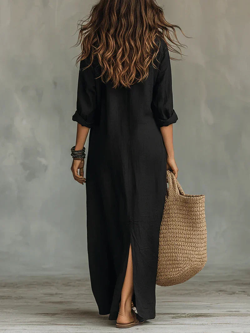 Céline™ | Robe Maxi Noire Ample Boutonnée