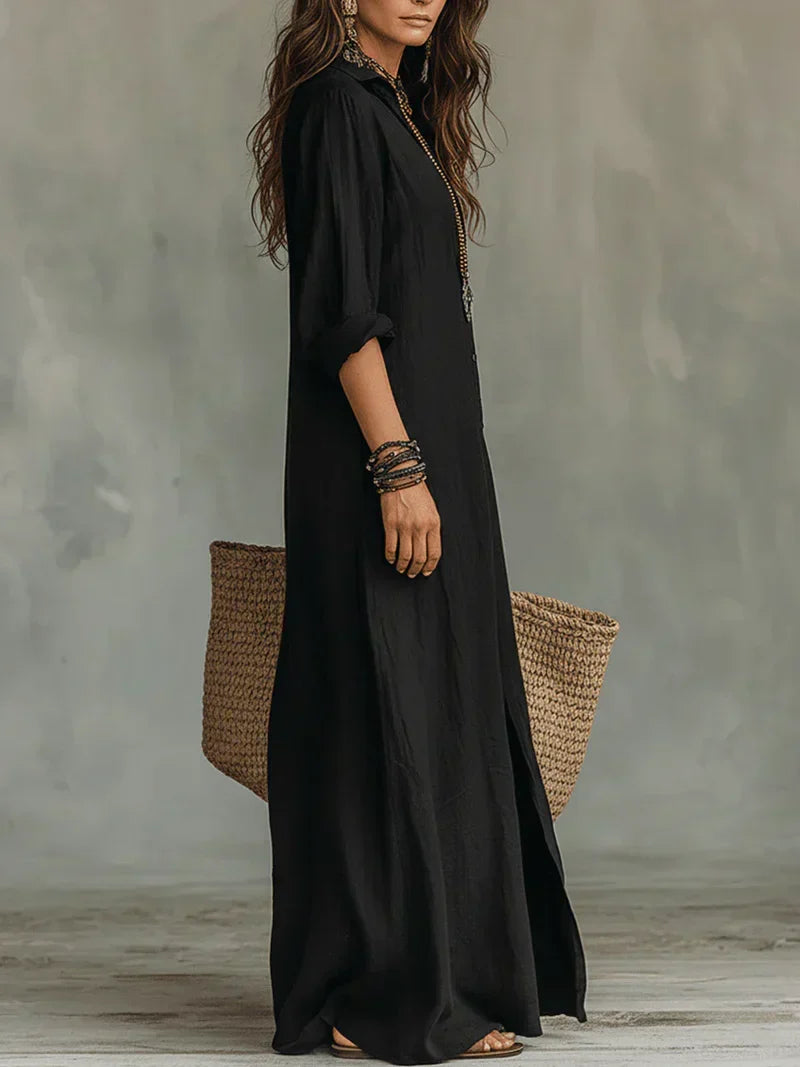 Céline™ | Robe Maxi Noire Ample Boutonnée