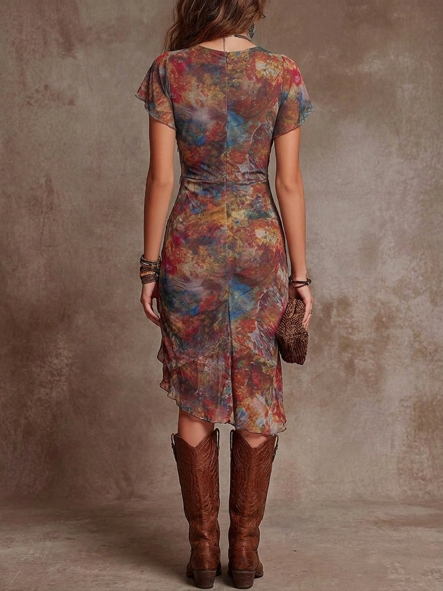 Robe Midi Bohème à Imprimé Artistique Abstrait, Col en V et Plis