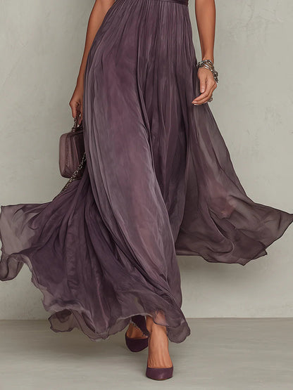 Robe Longue Violette en Mousseline à Encolure Goutte et Bordure en Dentelle