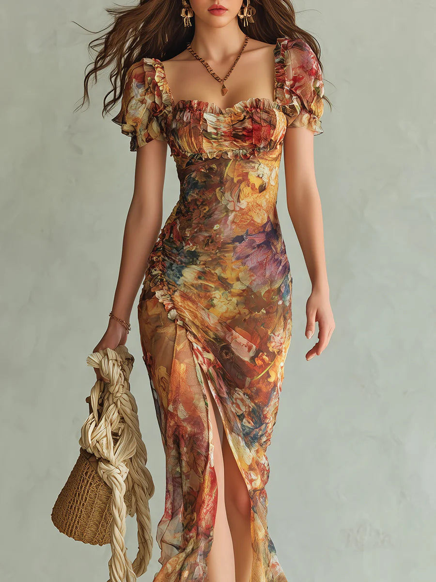 Robe Longue Orange Bohème en Mousseline à Imprimé Pictural Esprit Vacances