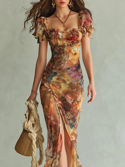 Robe Longue Orange Bohème en Mousseline à Imprimé Pictural Esprit Vacances