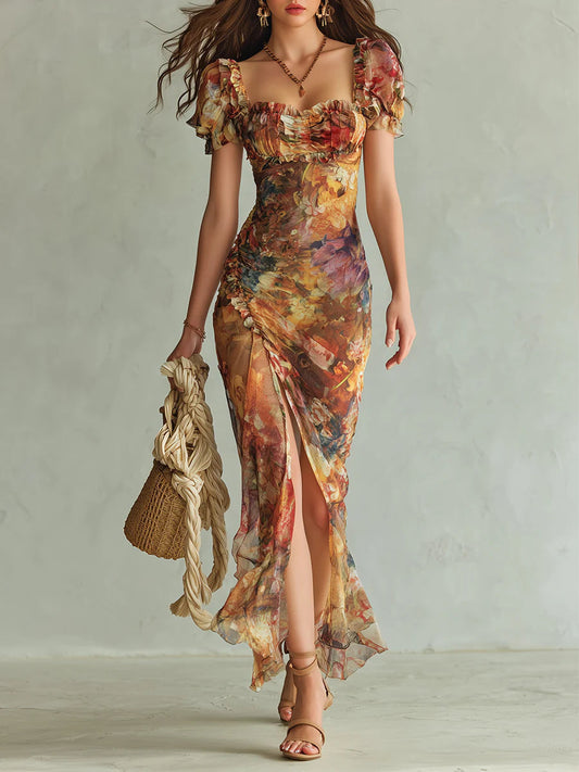 Robe Longue Orange Bohème en Mousseline à Imprimé Pictural Esprit Vacances