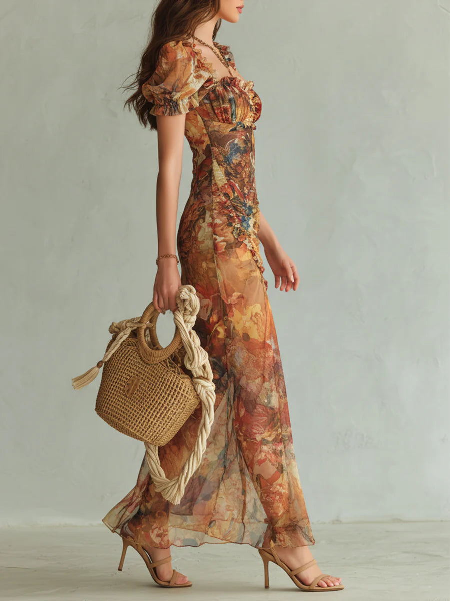 Robe Longue Orange Bohème en Mousseline à Imprimé Pictural Esprit Vacances