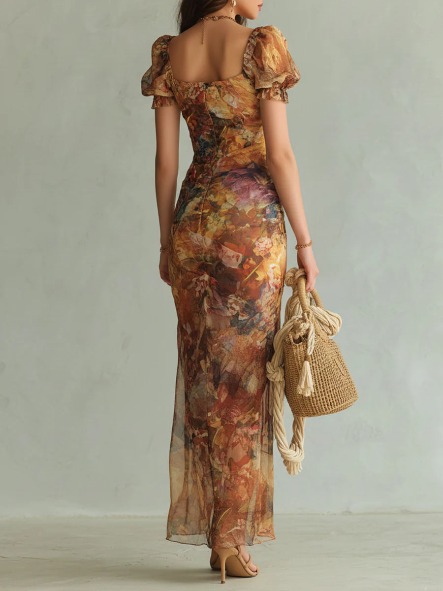 Robe Longue Orange Bohème en Mousseline à Imprimé Pictural Esprit Vacances