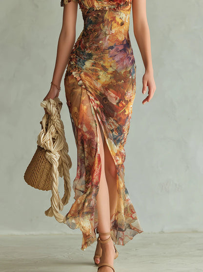 Robe Longue Orange Bohème en Mousseline à Imprimé Pictural Esprit Vacances
