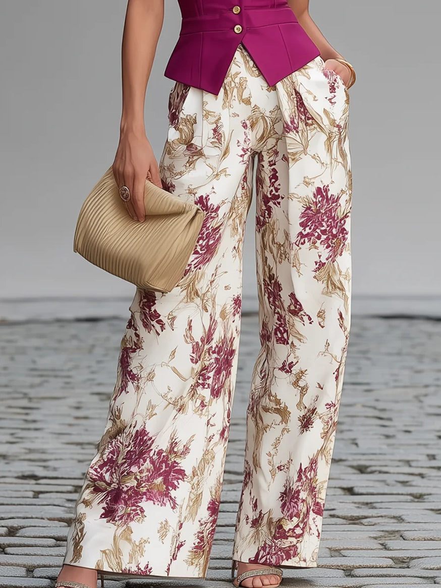 Ensemble Rose Poudré Gilet Sans Manches et Pantalon Palazzo à Imprimé Floral