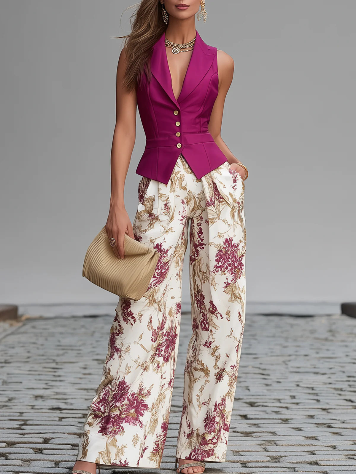 Ensemble Rose Poudré Gilet Sans Manches et Pantalon Palazzo à Imprimé Floral
