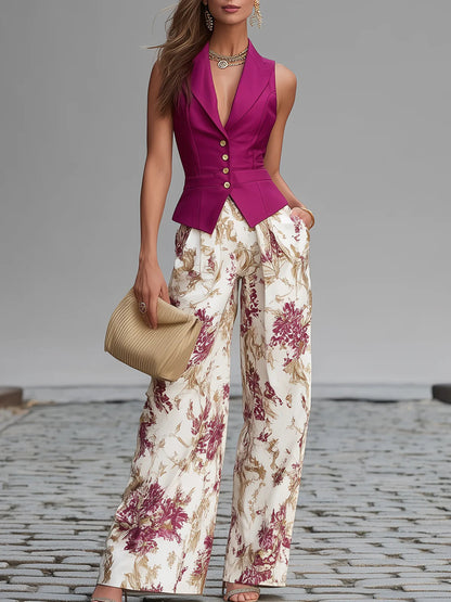 Ensemble Rose Poudré Gilet Sans Manches et Pantalon Palazzo à Imprimé Floral