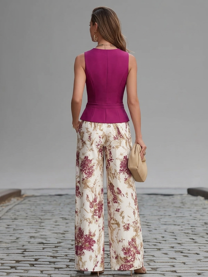 Ensemble Rose Poudré Gilet Sans Manches et Pantalon Palazzo à Imprimé Floral