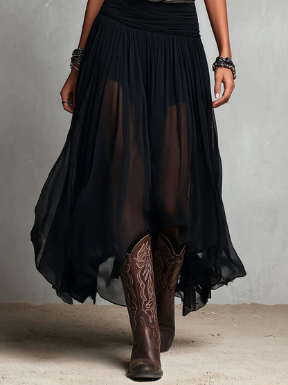 Robe Longue Noire Débardeur Sans Manches à Jupe en Tulle et Ceinture