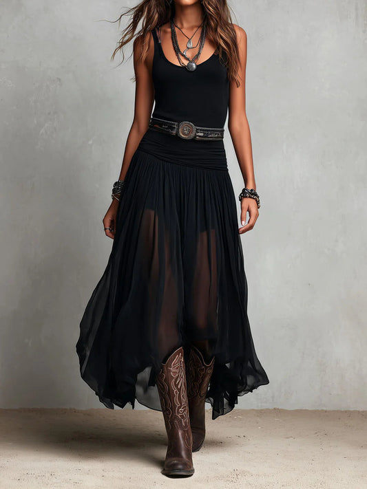 Robe Longue Noire Débardeur Sans Manches à Jupe en Tulle et Ceinture