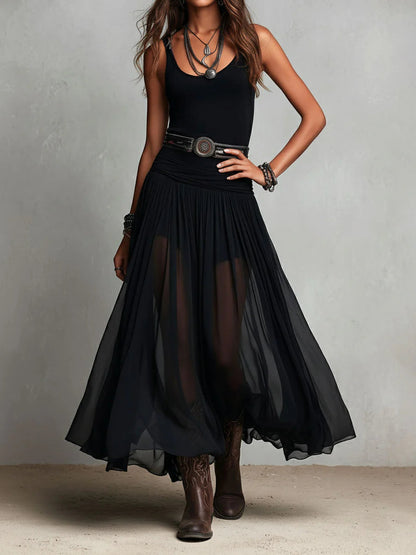 Robe Longue Noire Débardeur Sans Manches à Jupe en Tulle et Ceinture