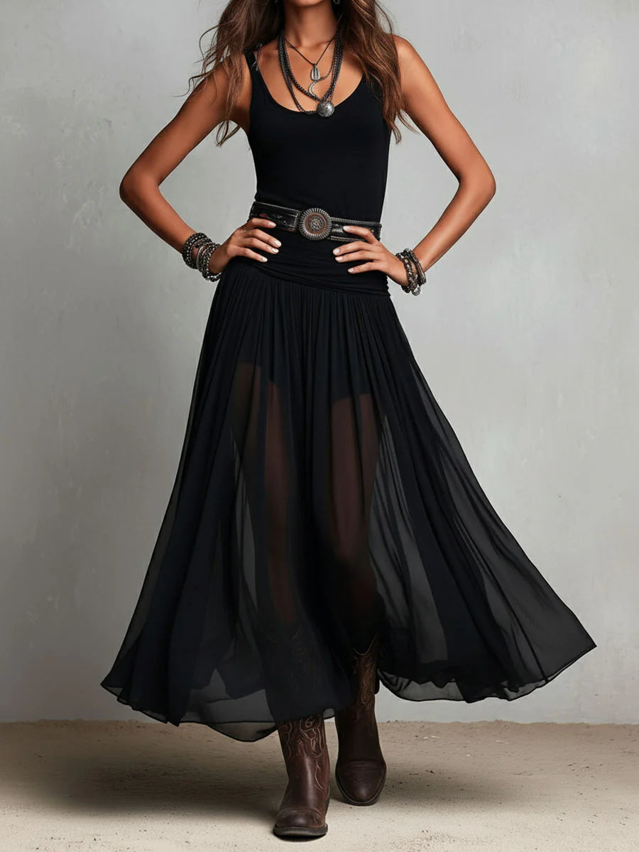 Robe Longue Noire Débardeur Sans Manches à Jupe en Tulle et Ceinture