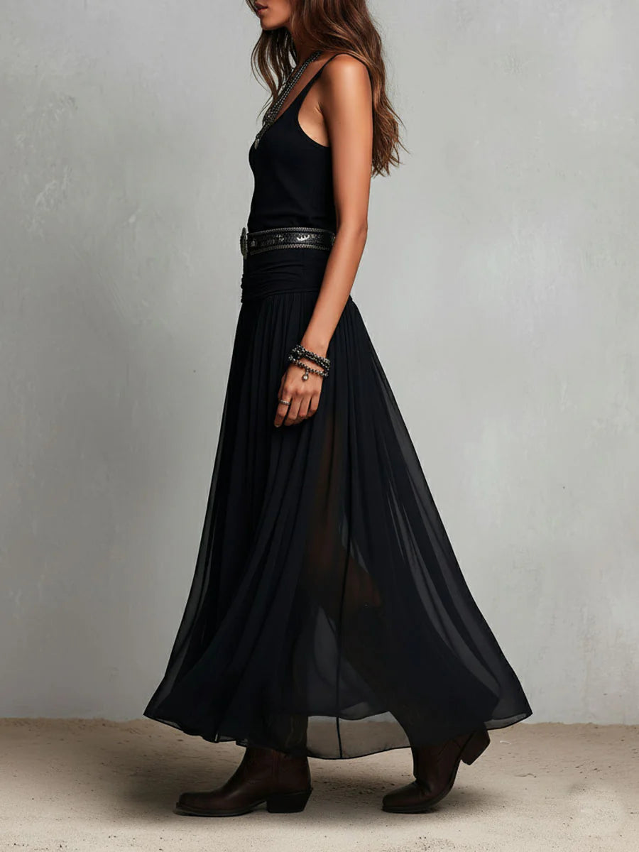 Robe Longue Noire Débardeur Sans Manches à Jupe en Tulle et Ceinture
