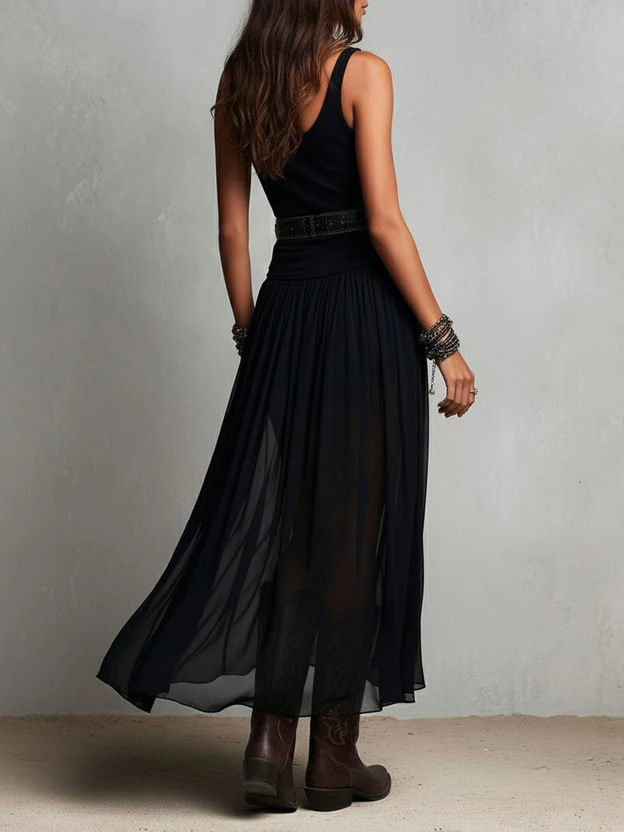Robe Longue Noire Débardeur Sans Manches à Jupe en Tulle et Ceinture