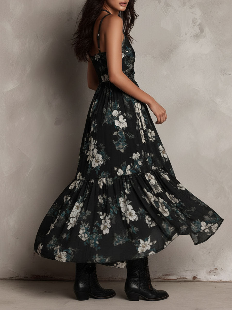 Robe Maxi Noire Bohème Bustier à Imprimé Floral et Ourlet Asymétrique