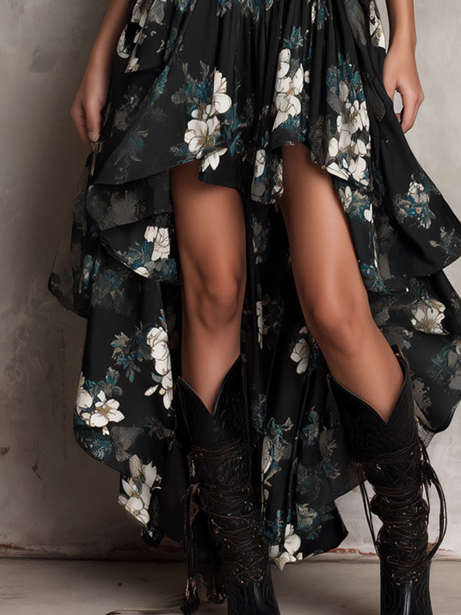 Robe Maxi Noire Bohème Bustier à Imprimé Floral et Ourlet Asymétrique