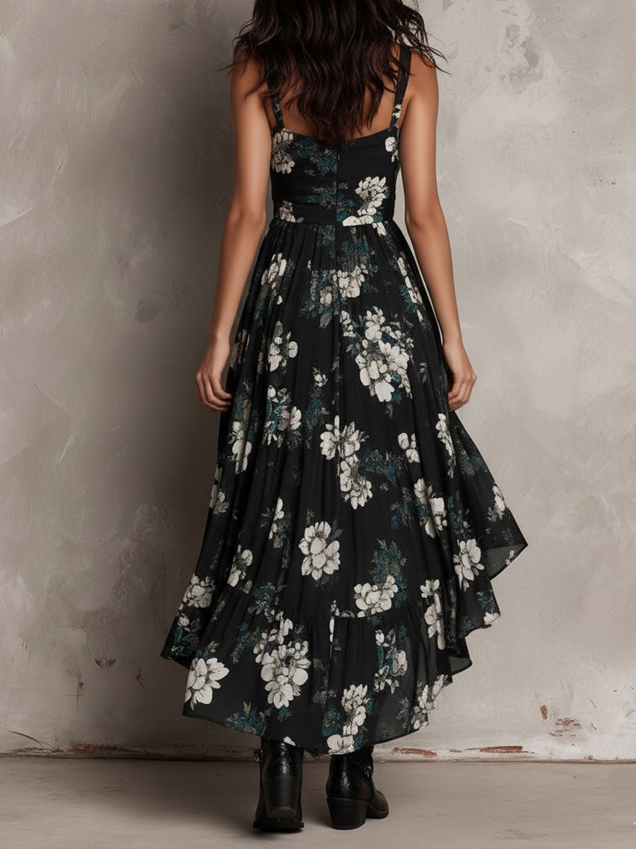 Robe Maxi Noire Bohème Bustier à Imprimé Floral et Ourlet Asymétrique