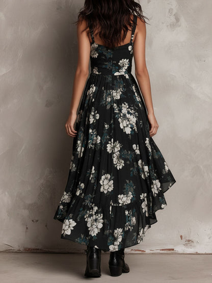 Robe Maxi Noire Bohème Bustier à Imprimé Floral et Ourlet Asymétrique