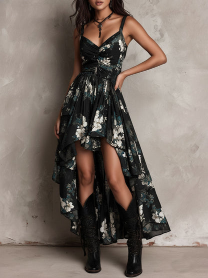 Robe Maxi Noire Bohème Bustier à Imprimé Floral et Ourlet Asymétrique
