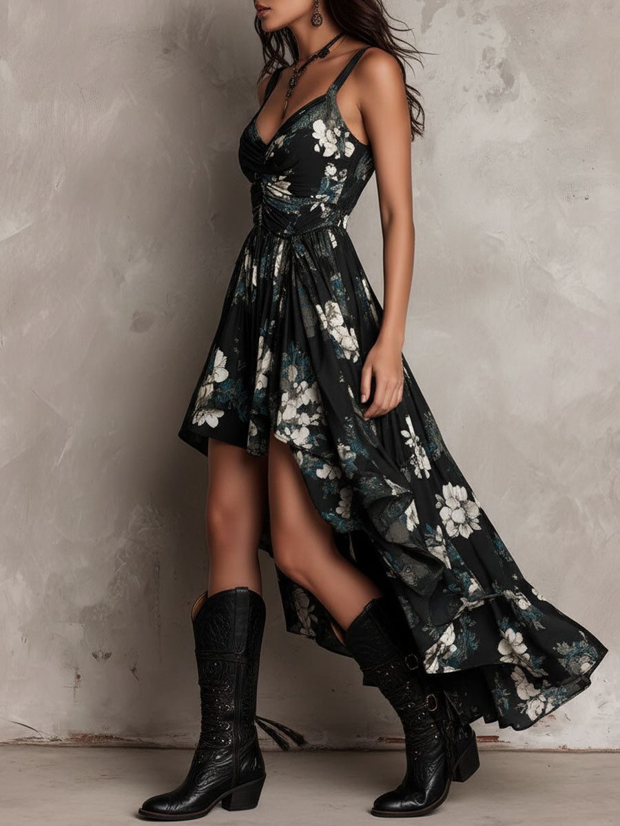 Robe Maxi Noire Bohème Bustier à Imprimé Floral et Ourlet Asymétrique