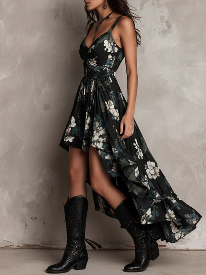 Robe Maxi Noire Bohème Bustier à Imprimé Floral et Ourlet Asymétrique