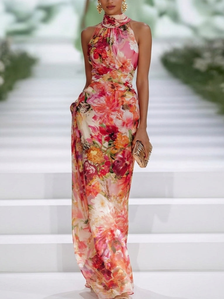 Robe Longue Rouge en Mousseline Fleurie à Col Halter Sans Manches