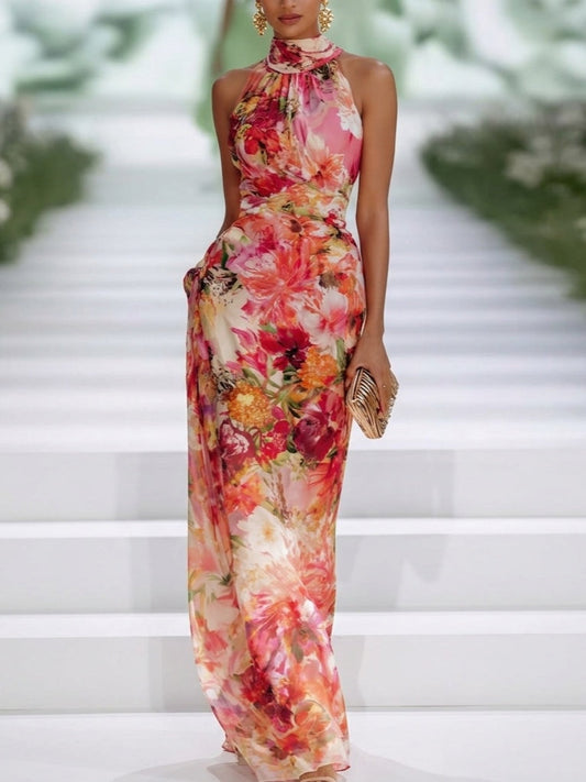 Robe Longue Rouge en Mousseline Fleurie à Col Halter Sans Manches