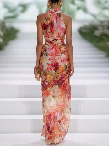 Robe Longue Rouge en Mousseline Fleurie à Col Halter Sans Manches