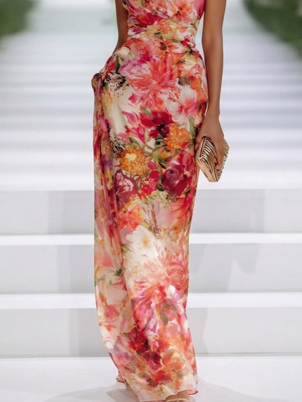 Robe Longue Rouge en Mousseline Fleurie à Col Halter Sans Manches