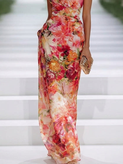 Robe Longue Rouge en Mousseline Fleurie à Col Halter Sans Manches