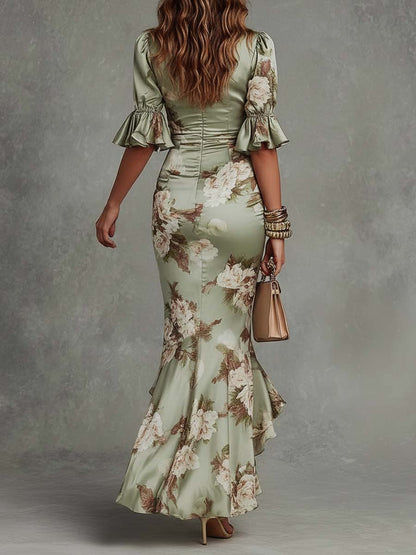 Sage | Robe Longue en Satin à Manches Évasées