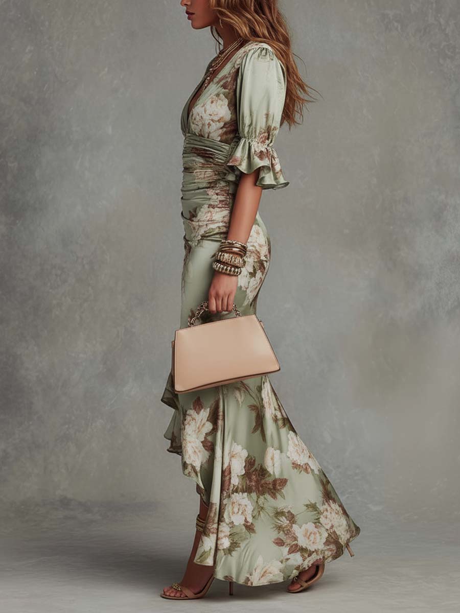 Sage | Robe Longue en Satin à Manches Évasées