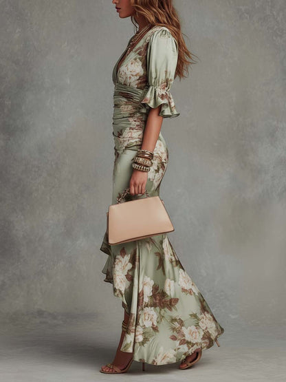 Sage | Robe Longue en Satin à Manches Évasées