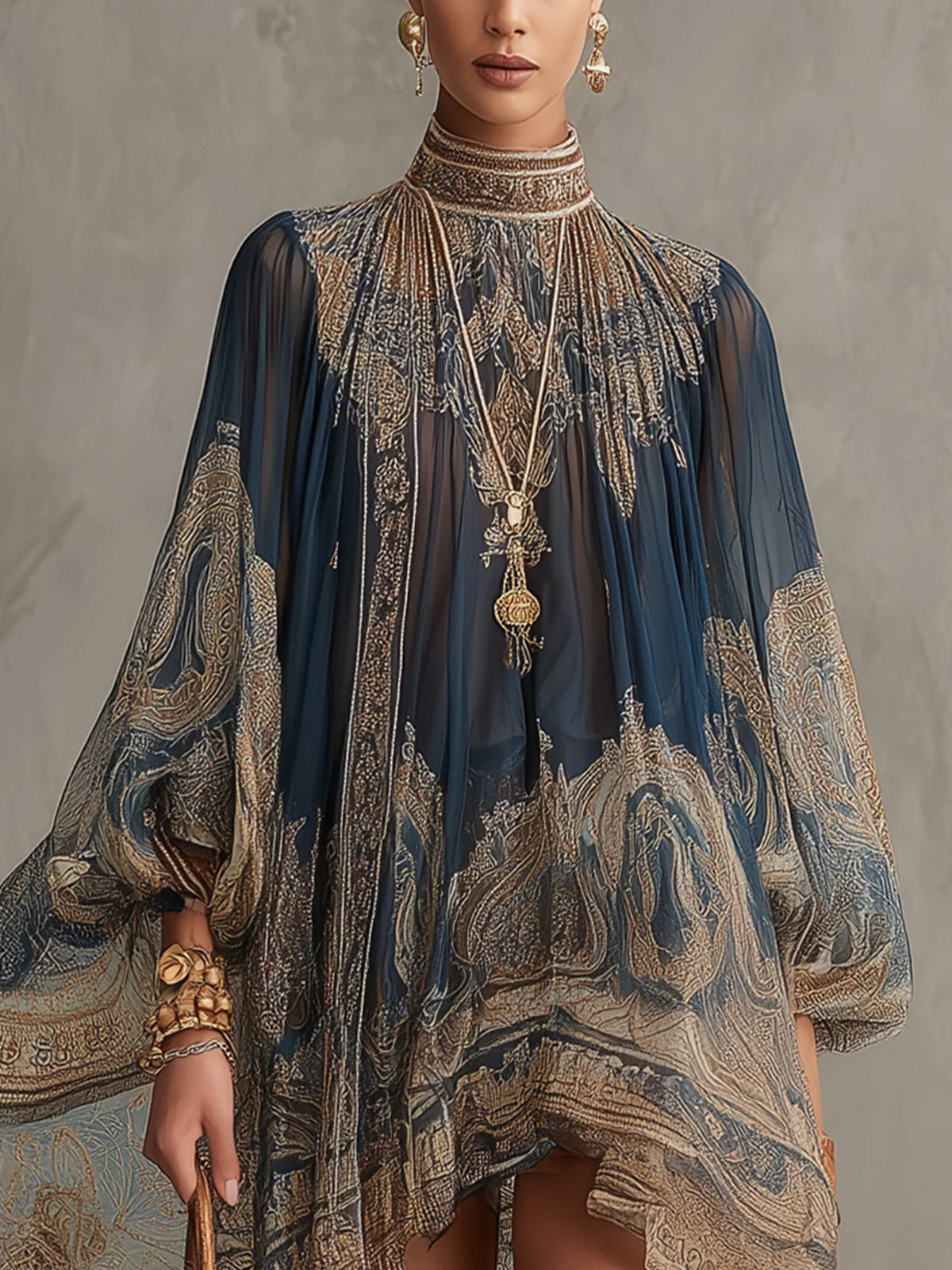 Mini Robe Bleu Marine Asymétrique en Mousseline à Imprimé Baroque et Col Montant
