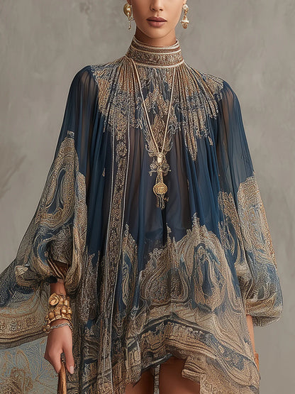 Bérénice | Mini Robe Asymétrique en Mousseline à Imprimé Baroque Bleu Marine et Col Montant