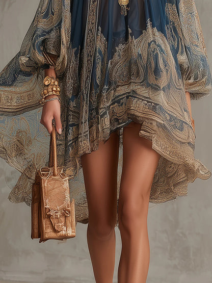 Mini Robe Bleu Marine Asymétrique en Mousseline à Imprimé Baroque et Col Montant