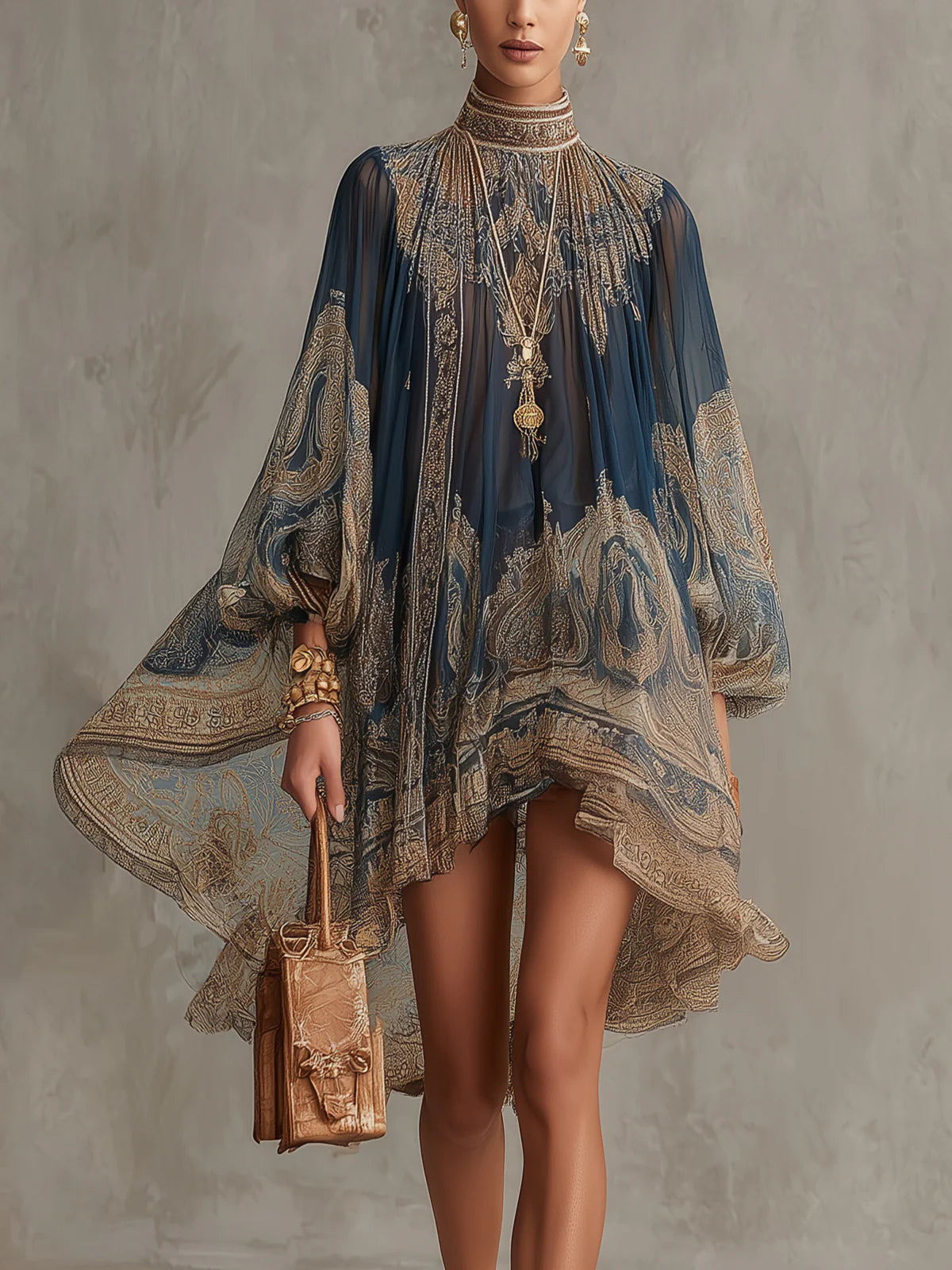 Mini Robe Bleu Marine Asymétrique en Mousseline à Imprimé Baroque et Col Montant