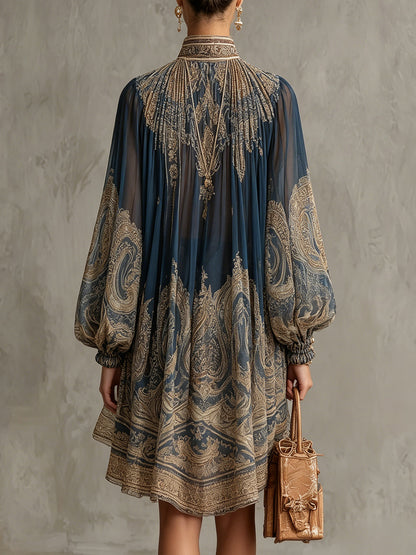 Mini Robe Bleu Marine Asymétrique en Mousseline à Imprimé Baroque et Col Montant