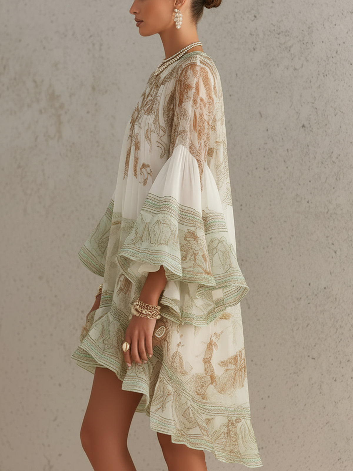 Rosalie | Mini Robe en Mousseline à Manches Volantées et Ourlet Rayé Vert