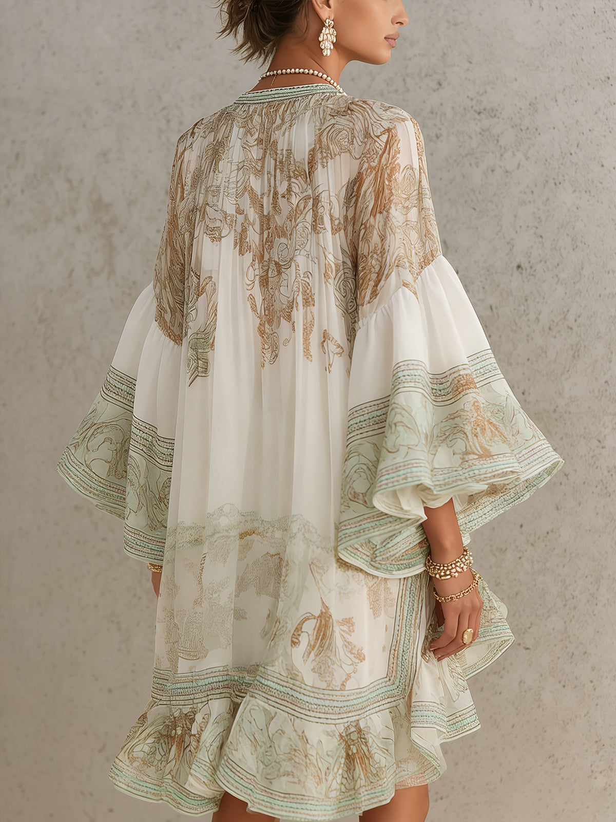Rosalie | Mini Robe en Mousseline à Manches Volantées et Ourlet Rayé Vert